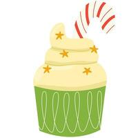 Christmas cupcake. Muffin with cream, sprinkles and candy canes vector