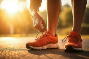 Man tying shoelaces before running. Generate Ai photo