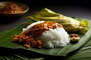 nasi lemak plátano verde hoja. generar ai foto