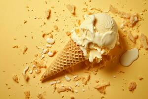 Melted ice cream and wafer cone on yellow background. Generate Ai photo