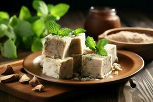 plato con piezas de sabroso halva y menta tratar natural. generar ai foto