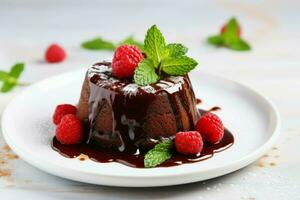 Plate with delicious chocolate fondant berries and mint. Generate Ai photo