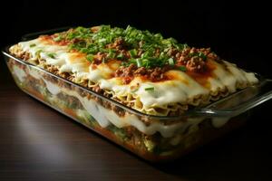 Ramen lasagna food in glass pot. Generate Ai photo