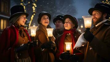 ai generativo gente, niños y adultos de diferente etnia y cultura, canto Navidad villancicos por noche con vela en su manos foto