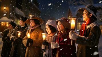 ai generativo gente, niños y adultos de diferente etnia y cultura, canto Navidad villancicos por noche con vela en su manos foto