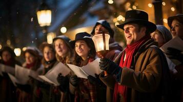 ai generativo gente, niños y adultos de diferente etnia y cultura, canto Navidad villancicos por noche con vela en su manos foto