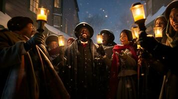 ai generative People, children and adults of different ethnicity and culture, singing christmas carols by night with candle in their hands photo