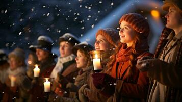 ai generative People, children and adults of different ethnicity and culture, singing christmas carols by night with candle in their hands photo