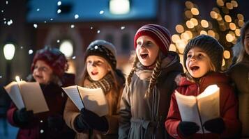 ai generative People, children and adults of different ethnicity and culture, singing christmas carols by night with candle in their hands photo