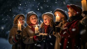 ai generativo gente, niños y adultos de diferente etnia y cultura, canto Navidad villancicos por noche con vela en su manos foto