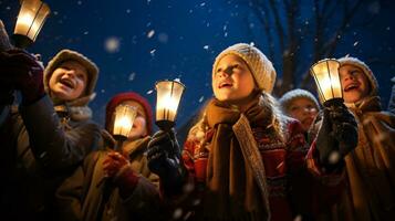 ai generativo gente, niños y adultos de diferente etnia y cultura, canto Navidad villancicos por noche con vela en su manos foto