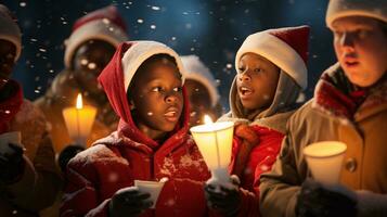 ai generativo gente, niños y adultos de diferente etnia y cultura, canto Navidad villancicos por noche con vela en su manos foto