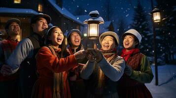 ai generativo gente, niños y adultos de diferente etnia y cultura, canto Navidad villancicos por noche con vela en su manos foto