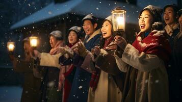 ai generative People, children and adults of different ethnicity and culture, singing christmas carols by night with candle in their hands photo