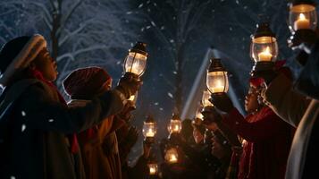 ai generativo gente, niños y adultos de diferente etnia y cultura, canto Navidad villancicos por noche con vela en su manos foto