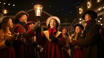 ai generativo gente, niños y adultos de diferente etnia y cultura, canto Navidad villancicos por noche con vela en su manos foto