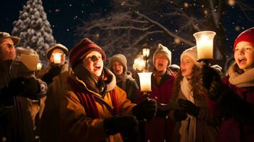 ai generativo gente, niños y adultos de diferente etnia y cultura, canto Navidad villancicos por noche con vela en su manos foto