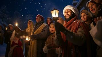 ai generativo gente, niños y adultos de diferente etnia y cultura, canto Navidad villancicos por noche con vela en su manos foto