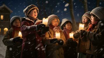 ai generativo gente, niños y adultos de diferente etnia y cultura, canto Navidad villancicos por noche con vela en su manos foto