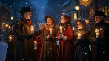 ai generativo gente, niños y adultos de diferente etnia y cultura, canto Navidad villancicos por noche con vela en su manos foto