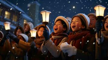 ai generativo gente, niños y adultos de diferente etnia y cultura, canto Navidad villancicos por noche con vela en su manos foto