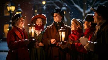 ai generativo gente, niños y adultos de diferente etnia y cultura, canto Navidad villancicos por noche con vela en su manos foto