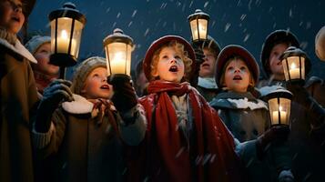 ai generative People, children and adults of different ethnicity and culture, singing christmas carols by night with candle in their hands photo