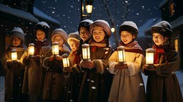 ai generativo gente, niños y adultos de diferente etnia y cultura, canto Navidad villancicos por noche con vela en su manos foto