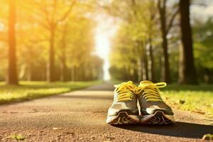 corredor deporte Zapatos a comenzando posición en parque. generar ai foto