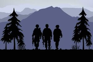 Silhouetted Soldiers on Mountain Ridge with Trees vector