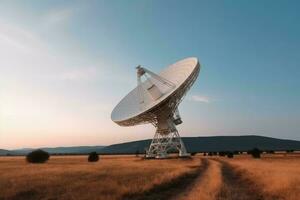 radio telescopio señalando cielo a campo antecedentes. generar ai foto
