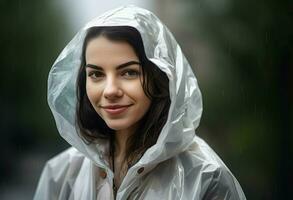 Raincoat woman smiling outdoor fall portrait. Generate Ai photo