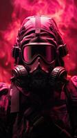 Cyberpunk character wearing gas mask with pink theme. Generative AI photo