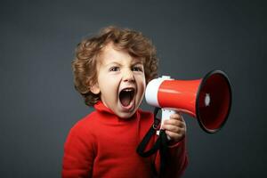 Emotional little boy with megaphone. Generate ai photo