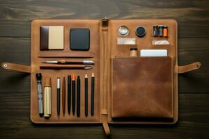 Leather open case with items for drawing. Generate Ai photo