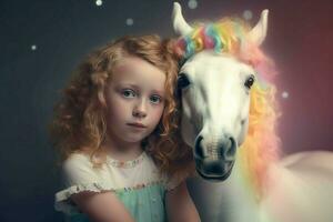 pequeño niña con blanco unicornio. generar ai foto