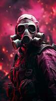 Cyberpunk character wearing gas mask with pink theme. Generative AI photo