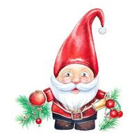 cute gnome santa claus cartoon hand draw cartoon style and christmas tree on white background, watercolor photo