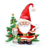 cute gnome santa claus cartoon hand draw cartoon style and christmas tree on white background, watercolor photo