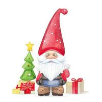 cute gnome santa claus cartoon hand draw cartoon style and christmas tree on white background, watercolor photo