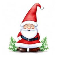 cute gnome santa claus cartoon hand draw cartoon style and christmas tree on white background, watercolor photo