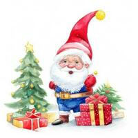 cute gnome santa claus cartoon hand draw cartoon style and christmas tree on white background, watercolor photo