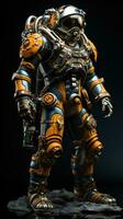Close-up of a orange metal robot with black background. Generative AI photo