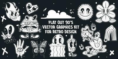 90s and y2k Set Object Inspired. Seamless Patterns with a Flat Retro Twist Vector