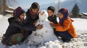 ai generative Children of different ethnicities building snowman in park with big snow blanket photo