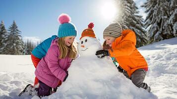 ai generativo niños de diferente etnias edificio monigote de nieve en parque con grande nieve cobija foto