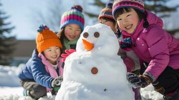 ai generative Children of different ethnicities building snowman in park with big snow blanket photo