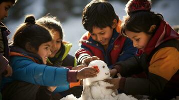 ai generativo niños de diferente etnias edificio monigote de nieve en parque con grande nieve cobija foto