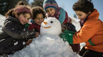 ai generative Children of different ethnicities building snowman in park with big snow blanket photo