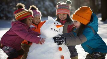 ai generative Children of different ethnicities building snowman in park with big snow blanket photo